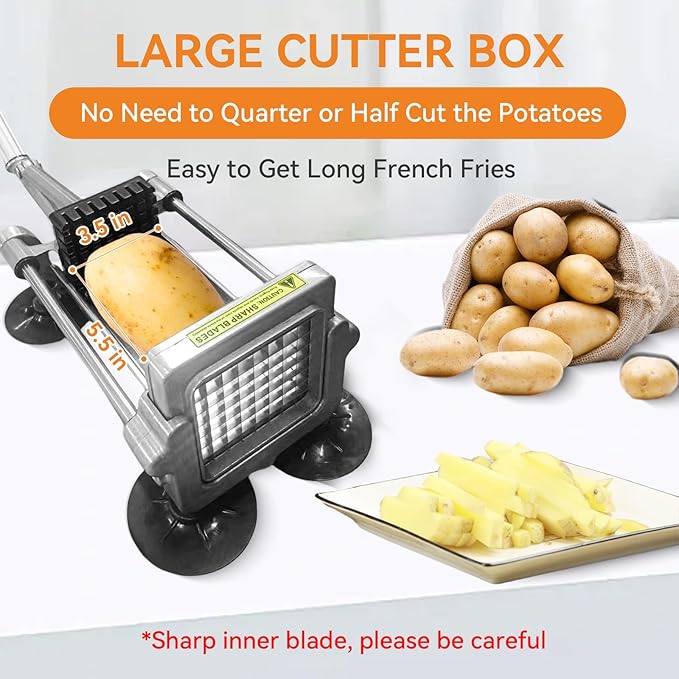 Commercial French Fry Cutter Stainless Steel.Potato Cutter for French Fries with 1/4Inch Blade, Commercial French Fry Cutter Manual Potatoes Cutting Machine with Suction Feet.