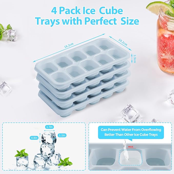 DOQAUS Ice Cube Trays 4 Pack, 40 pcs Silicone Ice Cubes Tray Maker with Spill-Resistant Removable Lid, Easy Release & Pop out, LFGB and BPA Free, Stackable Flexible, for Soup, Food, Cocktail, Coffee
