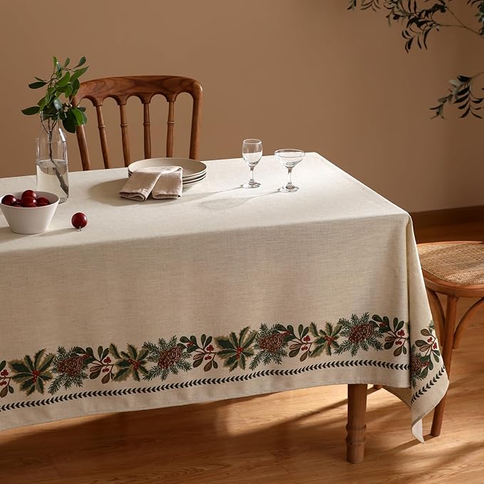 ISAENNE Designer Christmas Linen Square Tablecloth,Light Beige Western Elegant Table Cloth,Fall Wrinkle Resistant Decor Tablecloths for Dining Thanksgiving Kitchen Christmas,67"*67"-Carol G