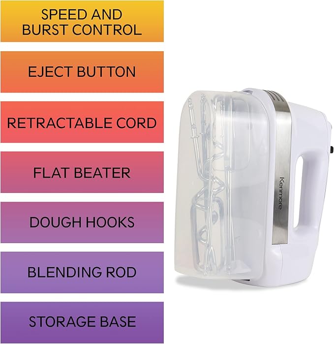 Kenmore Electric Hand Mixer – 5 Speed Handheld Blender, Electric Egg Beater with Whisk, Beater, Dough Hooks, Storage Case, Turbo Boost for Cake Mix, Batidora de Mano Eléctrica