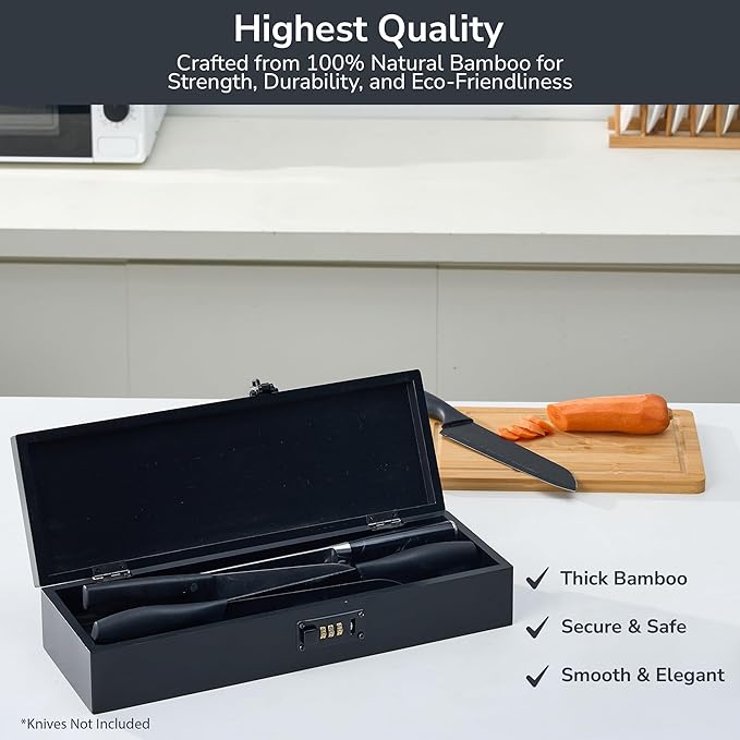Upgraded Combination Lock Bamboo Locking Kitchen Knife Storage – Secure & Eco-Friendly Wooden Knife Box with Improved Quality, Fits in Drawers & Keeps Knives Safe (Black)