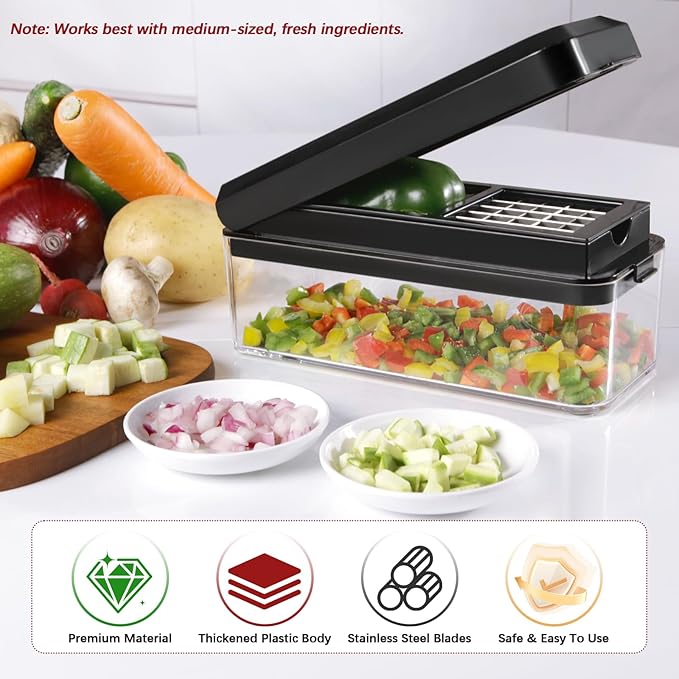 Vegetable Chopper, Onion Chopper Dicer, Mandoline Slicer, Food Chopper with Container, Vegetable Cutter for Salad Potato Carrot Garlic（2 Blades, Black）