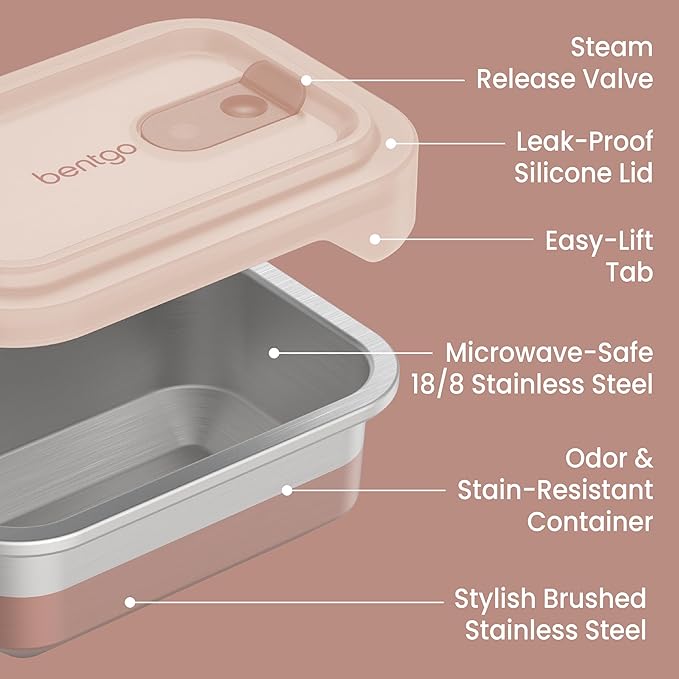 Bentgo MicroSteel Heat & Eat Container – Microwave-Safe, Leak-Proof, Easy-to-Clean, Lightweight Stainless Steel Reusable Food Storage with Airtight Silicone Lid (Snack Size; 2-Cup Capacity; Rose)