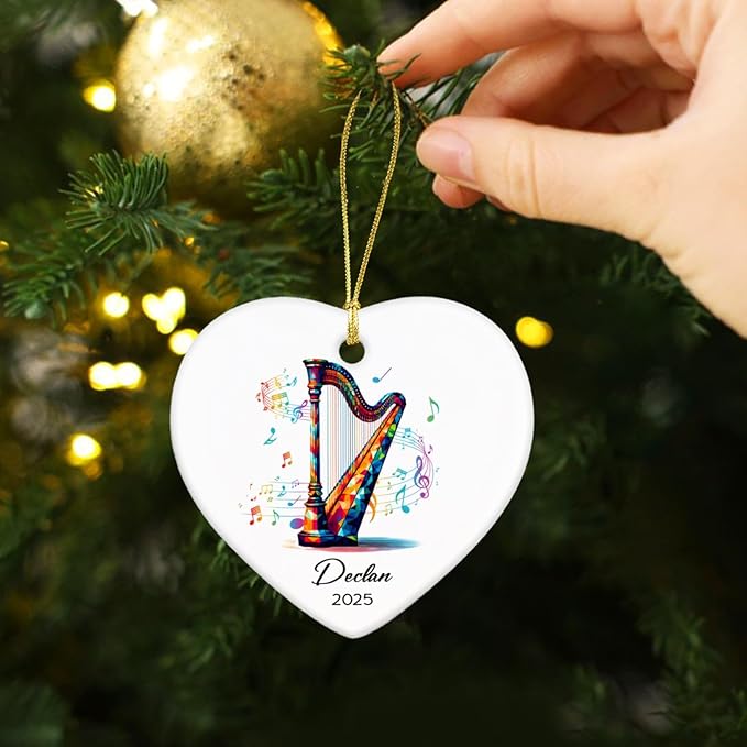 Personalized Harp Lovers Ceramic Ornament Decor, Harpist Christmas Ornaments Tree, Custom Name & Year Harp Musical Xmas Ornament Gifts for Harpist Musician, Instrument Ceramic Ornaments Xmas 2025