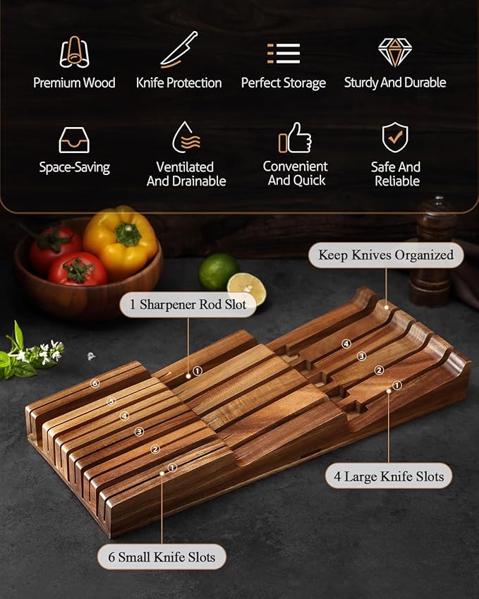 XINZUO In-drawer Knife Block, Natural Acacia Knife Drawer Oganizer, Insert-Kitchen Storage Holder, 11 Slots, Holds up to 11 Various Size Knives, Countertop Saving&Knife Protective
