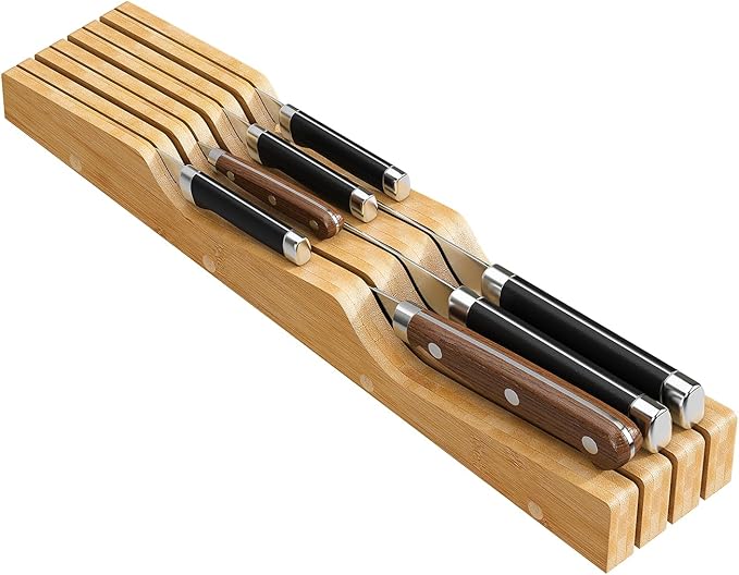 Bamboo In-Drawer Knife Block for 7 Knives(Not Included), Knife Drawer Organizer,Knife Holder Countertop,Block Knife Storage Organizer for Kitchen