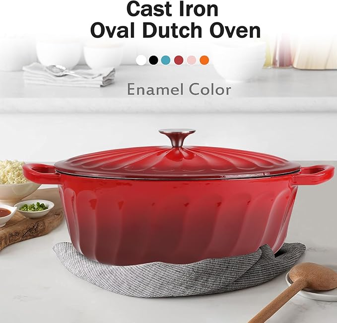 Enameled Oval Dutch Oven Pot with Lid, 7 QT Cast Iron Dutch Oven with Dual Handles for Cooking, Bread Baking, Frying, Non-stick Enamel Coated Oven (7 QT Gradient Red)