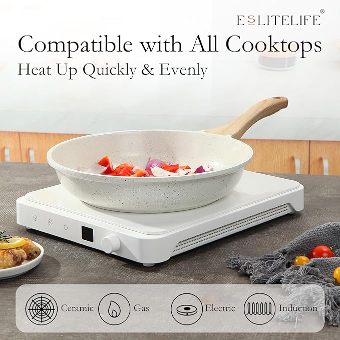 ESLITE LIFE Nonstick Ceramic Frying Pan Skillet with Lid, Non-Toxic Egg Omelette Kitchen Cooking Pans Compatible with All Stovetops (Gas, Electric & Induction), PTFE & PFOA Free (White, 8" w/Lid)
