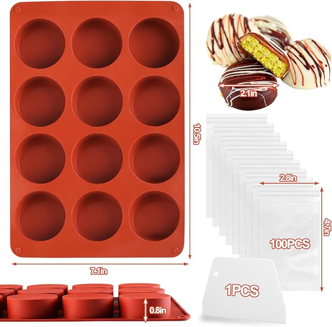 Mity Rain Silicone Chocolate Bar Molds - Round, Fix Pistachio Cream Filling, Dubai Candy Bar Molds with Scraper & Bags (1pc)