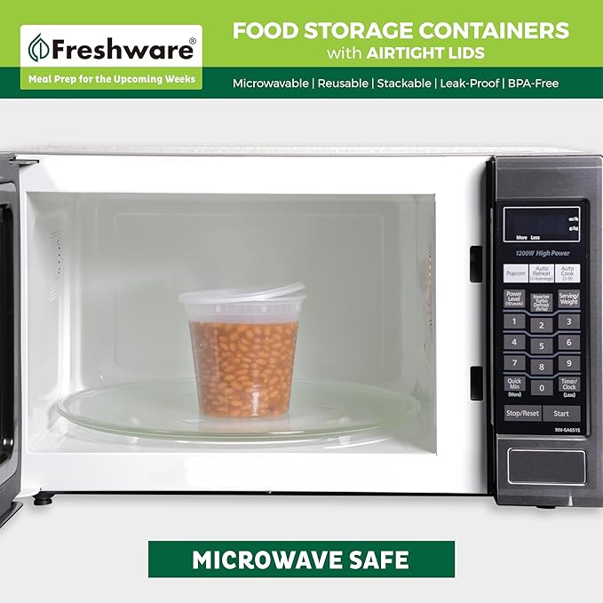 Freshware Food Storage Containers 24 oz Plastic Deli Containers with Lids, Slime, Soup, Meal Prep Containers, BPA Free, Stackable, Leakproof, Microwave/Dishwasher/Freezer Safe, 48 count (pack of 1)