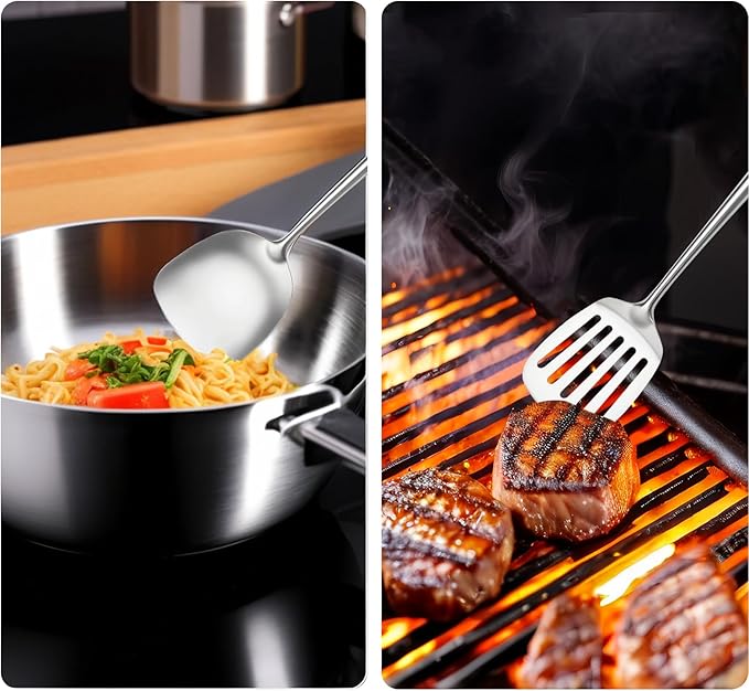 18/10 Stainless Steel Cooking Utensils,2 Pcs All Metal Stainless Steel Kitchen Utensils Set with Wok Spatula,Slotted Spatula Turner(Dishwasher Safe)