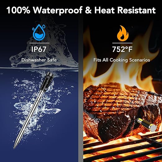 BFOUR WiFi Wireless Meat Thermometer with Standalone Base, 6 Precision Sensor, Waterproof and Heat Resistant, Intuitive Smart App, Bluetooth Meat Thermometer for Cooking, BBQ, Oven, Grill, Smoker