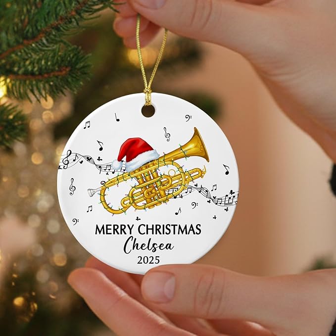 Personalized Cornet Musical Ceramic Ornament, Customized Year Text Name Cornet Player Ornaments Gift for Cornetist Daughter Son Kids Dad Mom Husband Wife, Unique Cornet Instrument Ceramic Ornament