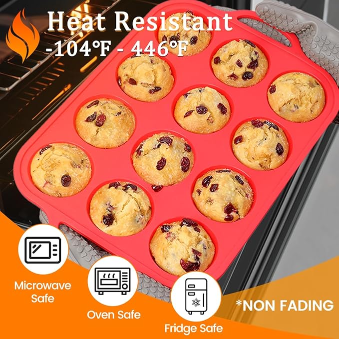 CAKETIME Silicone Muffin Pan, Metal Reinforced Frame Silicone Cupcake Pan Regular Size 12 Cups Nonstick Muffin Tins for Baking Easy to Move 2 Pack Red