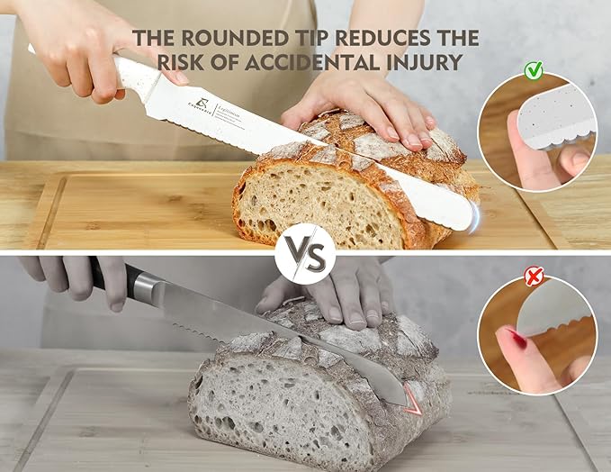Resharpenable Bread Knife for Homemade Bread, 11.6-Inch Multifunction Serrated Knife with 5 Thickness Adjustable Slicing Guide, Stainless Steel Bread Cutter, Razor Sharp for Sourdough, White