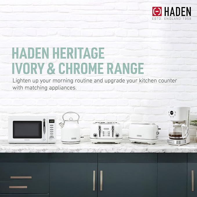 Haden Heritage Stainless Steel Body Retro Electric Tea Kettle, White and Haden Heritage 4 Slice Wide Slot Stainless Steel Retro Toaster, White