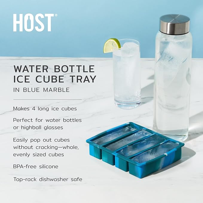 Host Ice Cube Tray, Makes Four 5-Inch Long Cubes, Durable Silicone Trays with Easy Release Design, Perfect for Water Bottles and Highball Glasses, Home Bar Accessories, Set of 1, Blue Marble