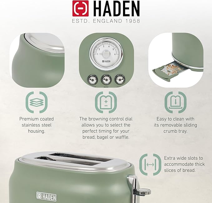 Haden Dorset 2 Slice Wide Slot Stainless Steel Toaster with Adjustable Browning Control & Non Slip Feet, Cedar Green & Chrome