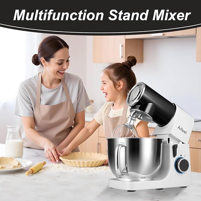 Aifeel Stand Mixer, 6.5QT Mixer with Ice Cream Maker Attachments, Kitchen Electric Mixer Multifunctional Bread Dough Mixer with Dough Hook,Whisk & Beater, Food Mixer for Baking (Black-White)