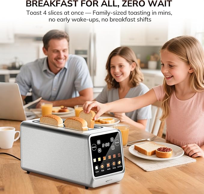 Keenstone Toaster 4 Slice, Digital Smart Toaster with TouchScreen, Memory Function, Single Slot Toasting, Timer, Reheat & Defrost for Bagels, Bread, Waffles, Muffin, Stainless Steel Kitchen Essentials