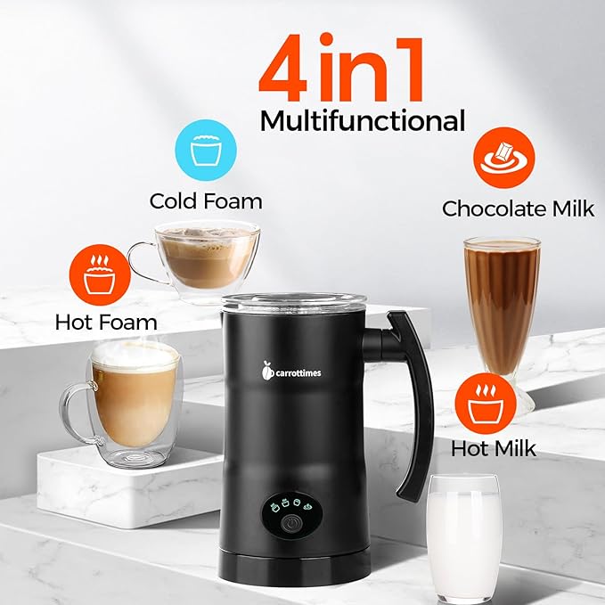 Milk Frother, 4-in-1 Electric Milk Steamer, 11.8oz/350ml Large Capacity for Auto Warm/Cold Foam, Heating Milk for Coffee, Latte, Macchiato, Cappuccino, Hot Chocolate (Black)
