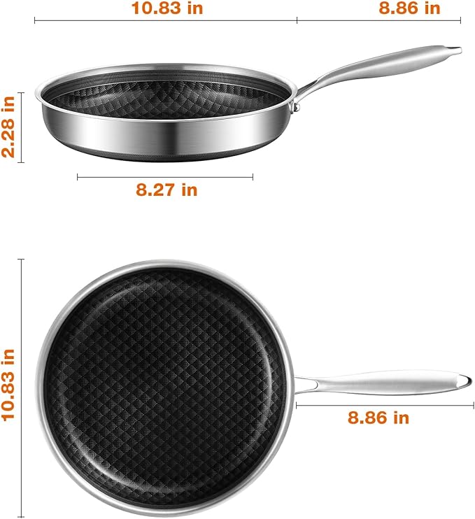 8-10 Inch Non Stick Frying Pans, Ceramic Coating NonStick Stainless Steel Pan Set, Tri-Ply Skillets and Pan Set with Lid, Cool-Touch Handle, Dishwasher and Oven Safe