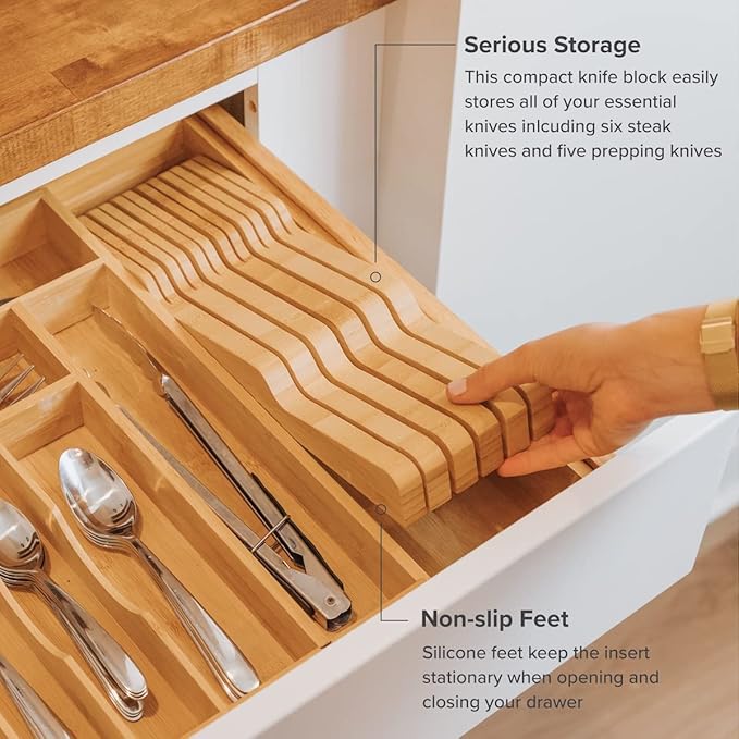 KitchenEdge Bamboo Kitchen Knife Block Holder Organizer - Holds 5 Long + 6 Short Knives (Not Included), Fits Most Knife Sizes, Rubber Feet, Sustainable Bamboo, In-Drawer Design