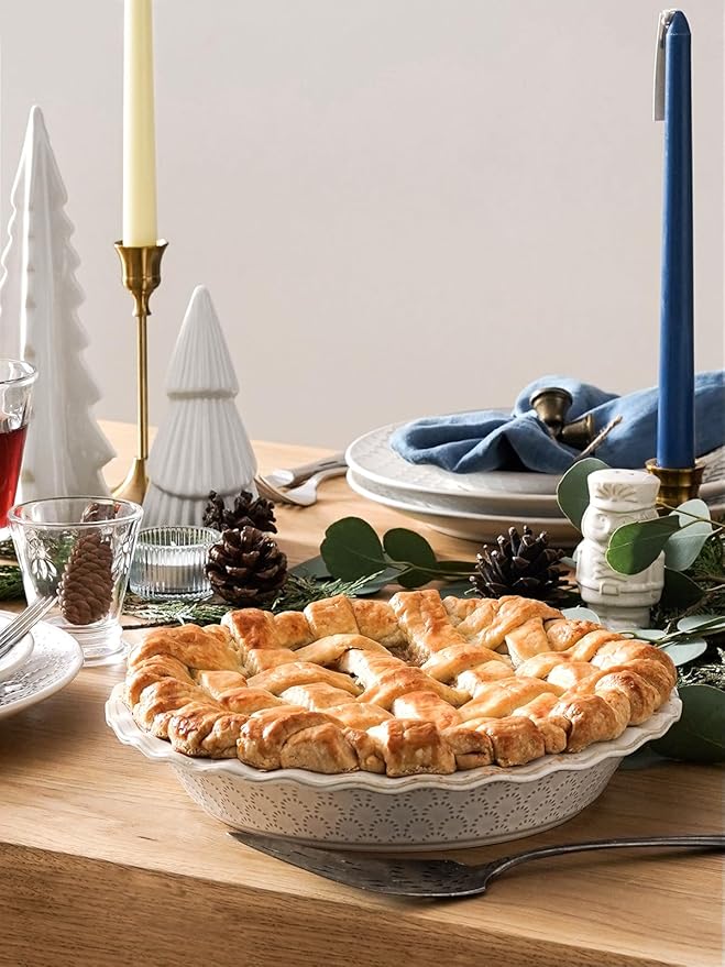 LE TAUCI Ceramic Pie Pans for Baking, 9 Inch Pie Plate for Apple Pie, Round Baking Dish, 36 oz Deep Dish Pie Pan - Set of 1, Fireworks, Arctic White