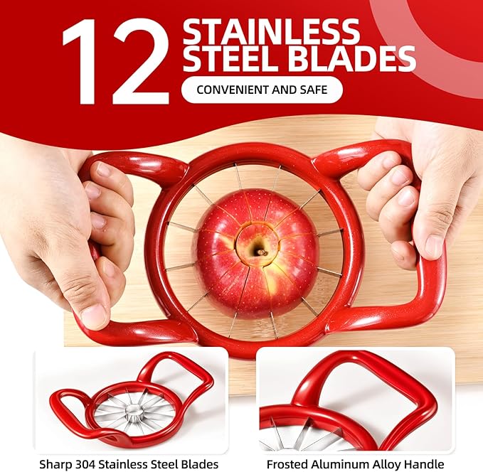 LIIGEMI 5.5 Inch Extra Large Apple Slicer,12-Slice Thin Apple Slicer and Corer,Cutter, Divider, Wedger for Fruits and Vegetables，Gifts for Mom，Sharp and Sturdy，Easy to Use（Red）