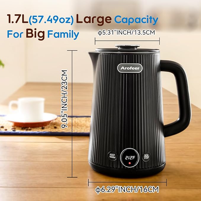Arofeer® 1.7L(57oz) Large Electric Kettle Temperature Control, 7+Cups Electric Tea Kettle for Coffee&Tea, 2 quarts Big Hot Water Kettle Electric with,1200W,Keep Warm-Black
