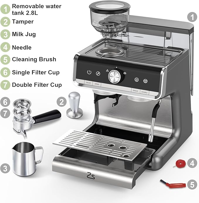 Garvee Espresso Machine With Grinder, 20 Bar Professional Coffee Maker With Milk Frother Steam Wand for Cappuccino, Latte, Macchiato, 95 oz Removable Water Tank, Smart PID Temperature Control