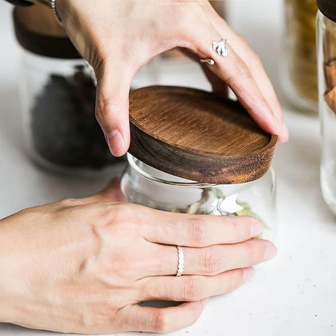 Glass candy Containers - 16oz kitchen Glass Airtight Storage jar With Acacia Airtight Lid，for kitchen Seasoning, coffee bean, tea, suger, herbs (9)