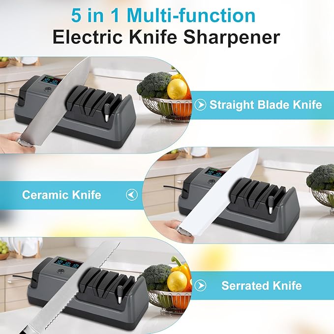 5 in 1 Electric Knife Sharpener with LCD Screen, 3 Rotational Speed Adjustable, 100% Diamond Abrasives, Electric Knife Sharpener for Straight, Serrated, Meat Cleaver, Ceramic Knives & Scissors, Gray