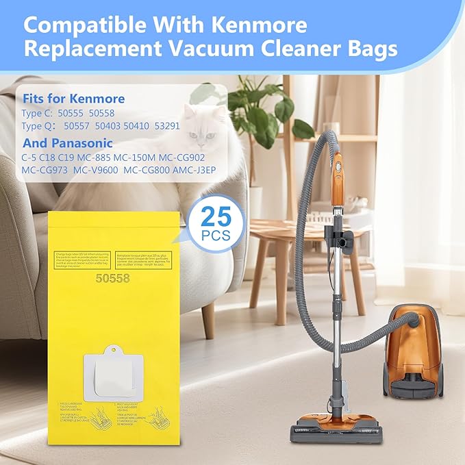 45 Pack Replacement Vacuum Bags - Compatible with Kenmore Canister Type C/Q 5055, 50555, 50557, 50558, and Panasonic Type C-5 C-18 - Premium Canister Vacuum Bags (45PCS)