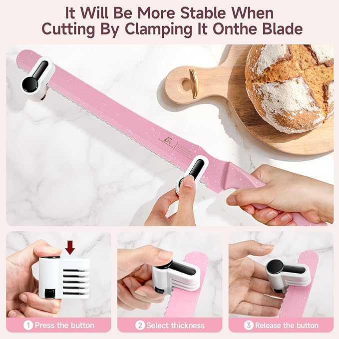 2025 Upgrade Bread Knife for Homemade Bread, World‘s 1st Double Serrated Knife with 5 Thickness Adjustable Slicing Guide, Stainless Steel Bread Cutter, Razor Sharp for Sourdough, Pink