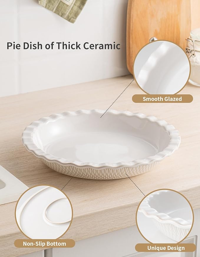 Ceramic Pie Dish for Baking, 9 inch Porcelain Pie Pan, Fluted Pie Plate for Apple, Quiche, Pot Pies, Tart, Modern Farmhouse Bakeware, Glazed White