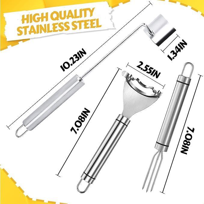 Corn Peeler Stainless Steel Corn Stripper Tool Set, 3 Pieces Peel Corn Cob Separator Quick for Kitchen Dining Enthusiasts Gadget