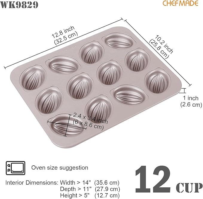 CHEFMADE Muffin Cake Pan, 12-Cavity Non-Stick Rugby-Shaped Bakeware for Oven Baking (Champagne Gold)