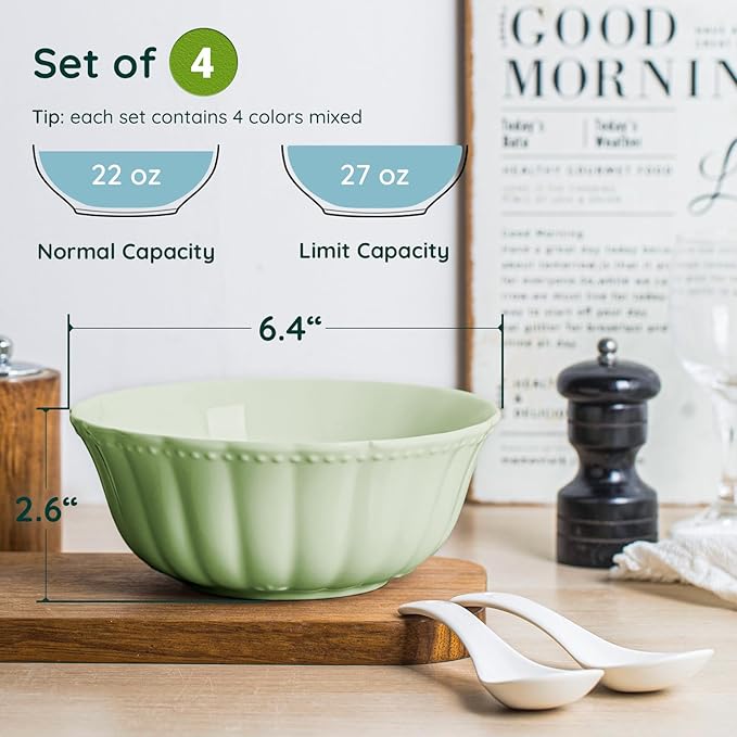 Ceramic Soup Serving Bowls for Kitchen, 6.4 Inch, Set of 4, Cereal Bowl Porcelain, Oven & Microwave Safe, Mixing Color