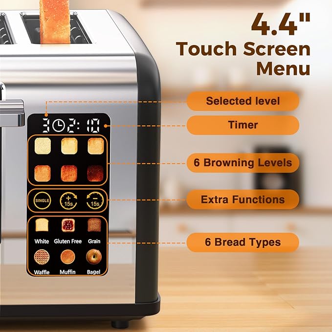4 Slice Touch Screen Toaster, Stainless Steel Toaster with Wide Slots for Bagels and Bread, Reheat/Defrost/Cancel Functions, Removable Crumb Tray, Matt Black