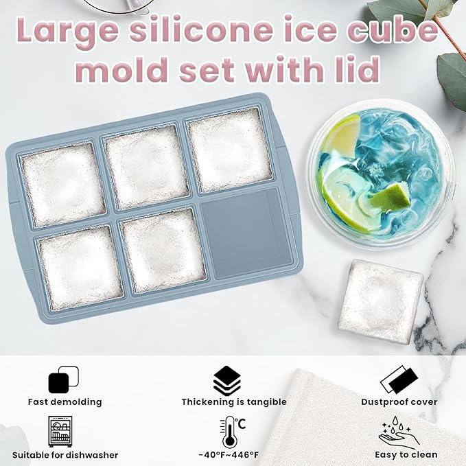 Large Silicone Ice Cube Trays with Lid, 6 Big Ice Cubes per Tray, Include 19.5cm/7.7in Ice Tongs - Perfect for Freezer, Whiskey, Cocktails
