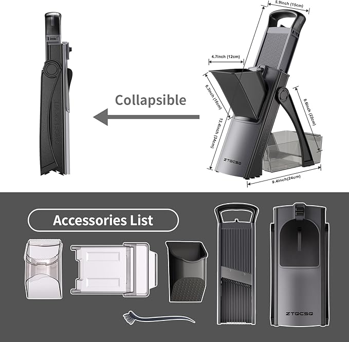[All in 1] Upgraded Version Safe Mandoline Slicer for Kitchen, Adjustable Thickness. and Spiralizer, Veggie Slicer, Rapid Prep Mandoline, Detachable Blade, Cleaning Brush (Black Knight)