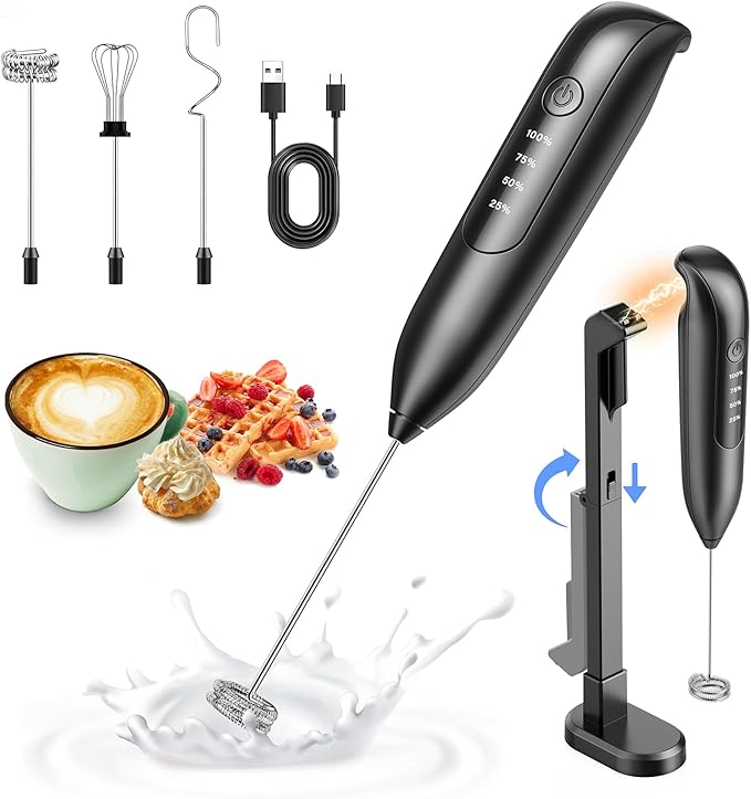 Electric Milk Frother Handheld: Rechargeable 3 Heads 3 Speeds Portable Stainless Steel Drink Foam Mixer with LED Digital Display for Milk Coffee, Lattes, Cappuccino, Matcha