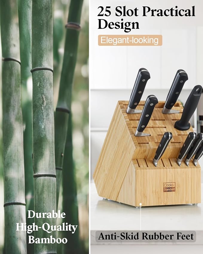 Cooks Standard Bamboo Knife Block Holder without Knives, 25 Slot X-Large Universal Countertop Butcher Block Kitchen Knife Stand for Easy Kitchen Storage
