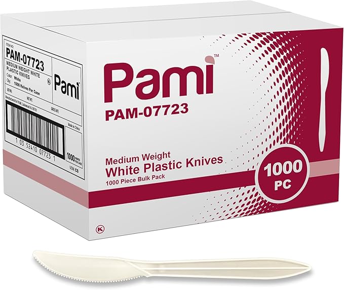 PAMI 1000 Pack Bulk Disposable Plastic Silverware Medium Weight Cutlery for Parties Catering Takeout Orders (Knives Knives White)