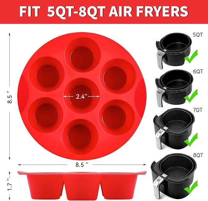 2 Pack Silicone Egg Bite Molds for Air Fryer, 7-Cup Round Muffin Pans Cupcake Baking Molds for Oven, Air Fryer and Pot