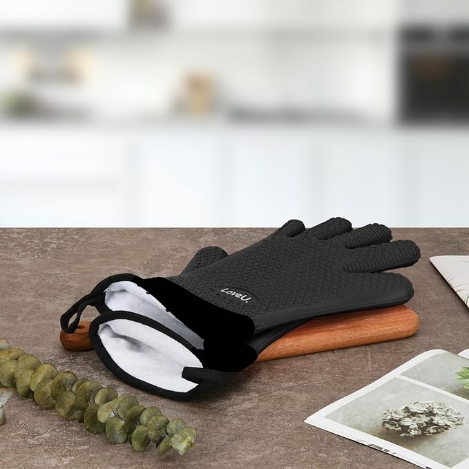 Kitchen Oven Gloves - Dual-Layer Heat Resistant Grilling Gloves, Silicone Oven Mitts with 5 Fingers, Waterproof Non-Slip Pot Holder for Barbecue, Cooking, Baking (Small, Black Long)