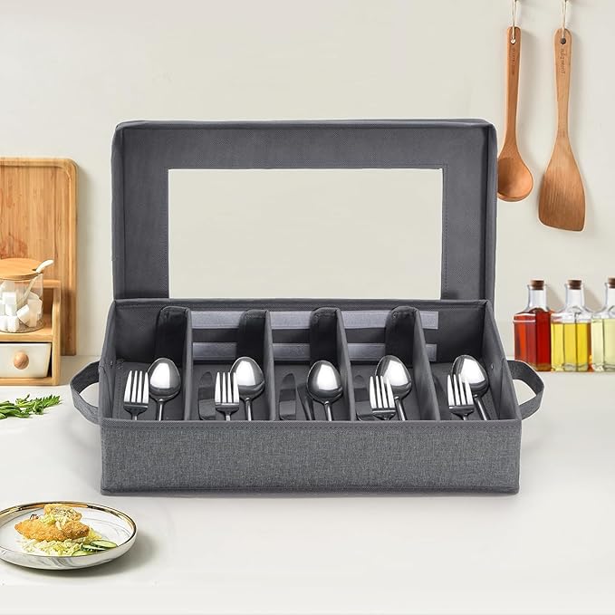 Silverware Storage Box 2 Pack, Flatware Storage, Utensil Storage with Removable Lid and Adjustable Dividers for Organizer Utensils, Cutlery, Flatware, Knives, Large Capacity Gray