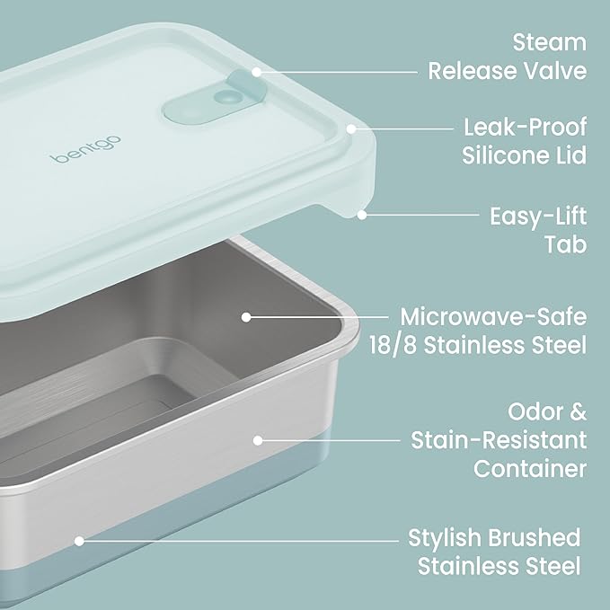 Bentgo® MicroSteel® Heat & Eat Container - Microwave-Safe, Sustainable & Reusable Stainless Steel Food Storage Container with Airtight Lid for Eco-Friendly Meal Prepping (Family Size - 8.5 Cups)