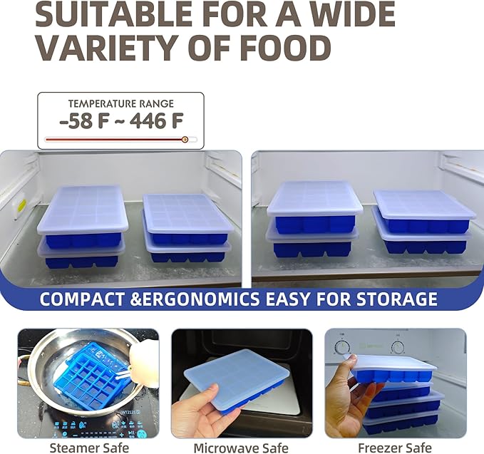 1 Tbsp & 2 Tbsp Silicone Freezer Molds - Perfect for Storing Garlic, Herbs, Ginger, Pesto, Tomato Paste, Lemon Juice,Vegetable Purees,Purees and More - Silicone Food Freezer Tray (Blue 2 Pack)